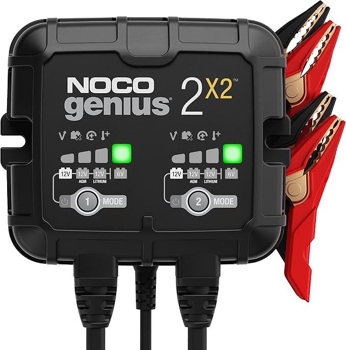 NOCO GENIUS2X2 6V/12V 2-Bank 4A Smart Battery Charger with clamps and eyelet connectors