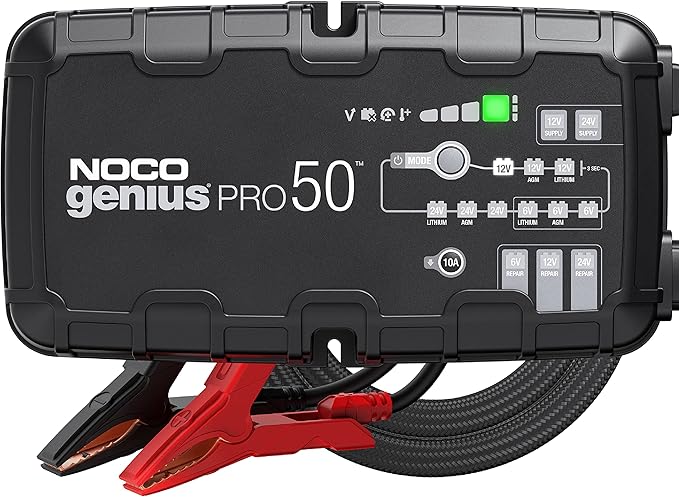 NOCO GENIUSPRO50 6V/12V/24V 50A Smart Battery Charger with clamps and eyelet connectors