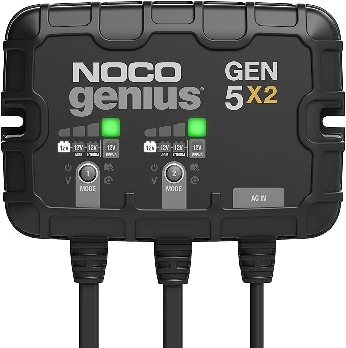NOCO GEN5X2 12V 2-Bank 10A On-Board Battery Charger with eyelet terminals and mounting screws