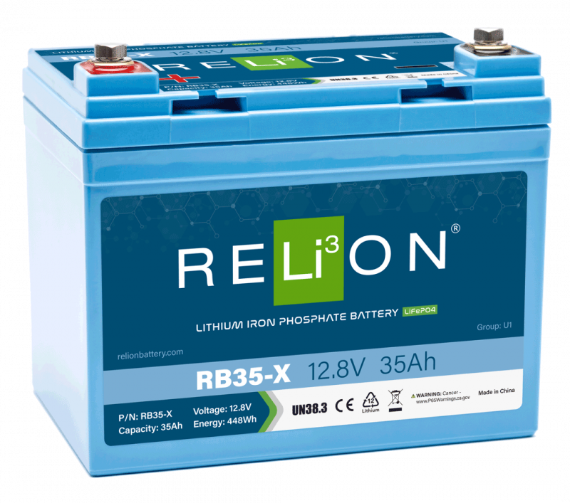 RELiON RB35-X 12V 35Ah LiFePO4 deep cycle lithium battery for solar, RV, and marine applications