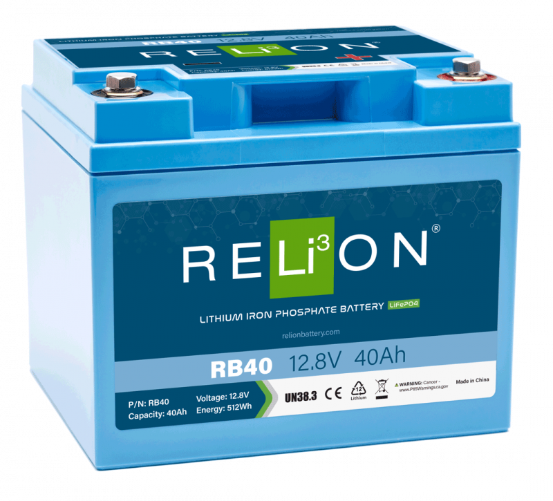 RELiON RB40 12V 40Ah LiFePO4 deep cycle lithium battery for solar, RV, and marine applications