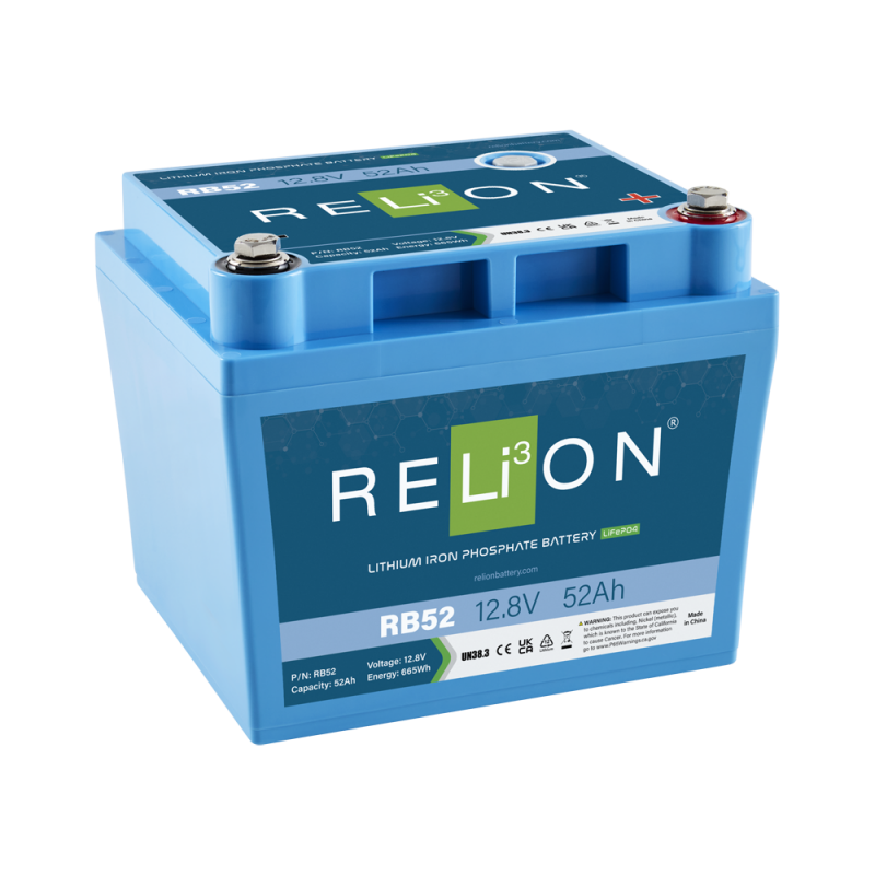 RELiON RB52 12V 52Ah LiFePO4 deep cycle lithium battery for marine, solar, RV, and off-grid applications