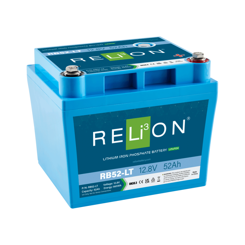 RELiON RB52-LT 12V 52Ah LiFePO4 cold weather deep cycle lithium battery for marine, solar, RV, and off-grid applications