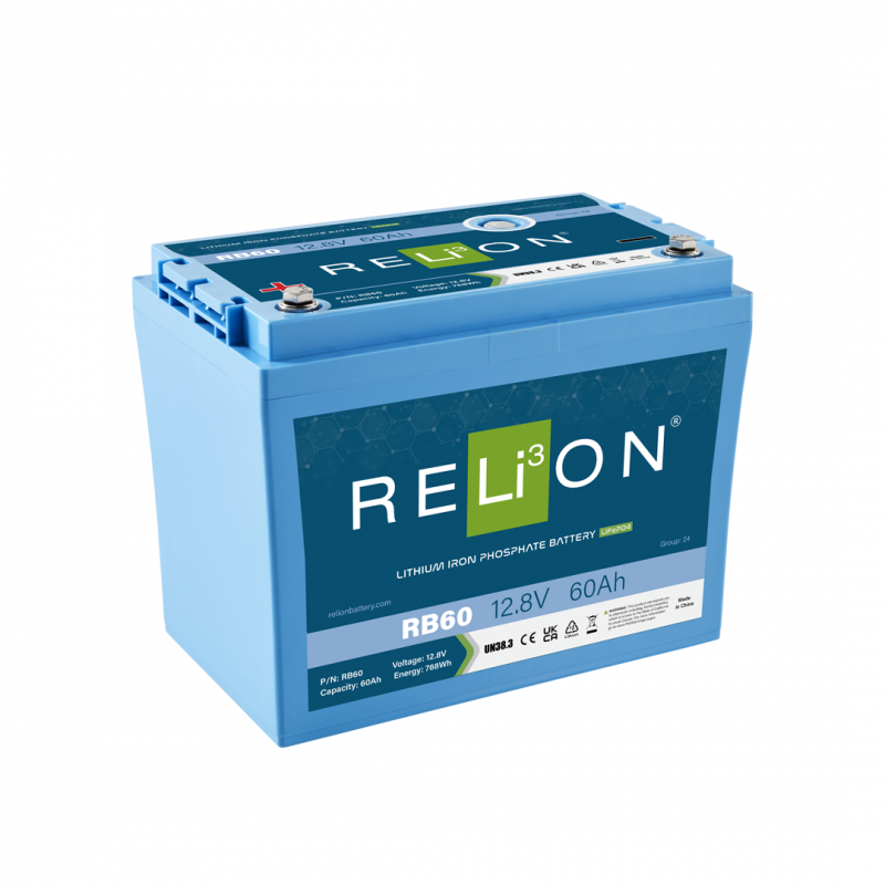 RELiON RB60 12V 60Ah LiFePO4 deep cycle lithium battery Group 24 for marine, solar, RV, and off-grid applications