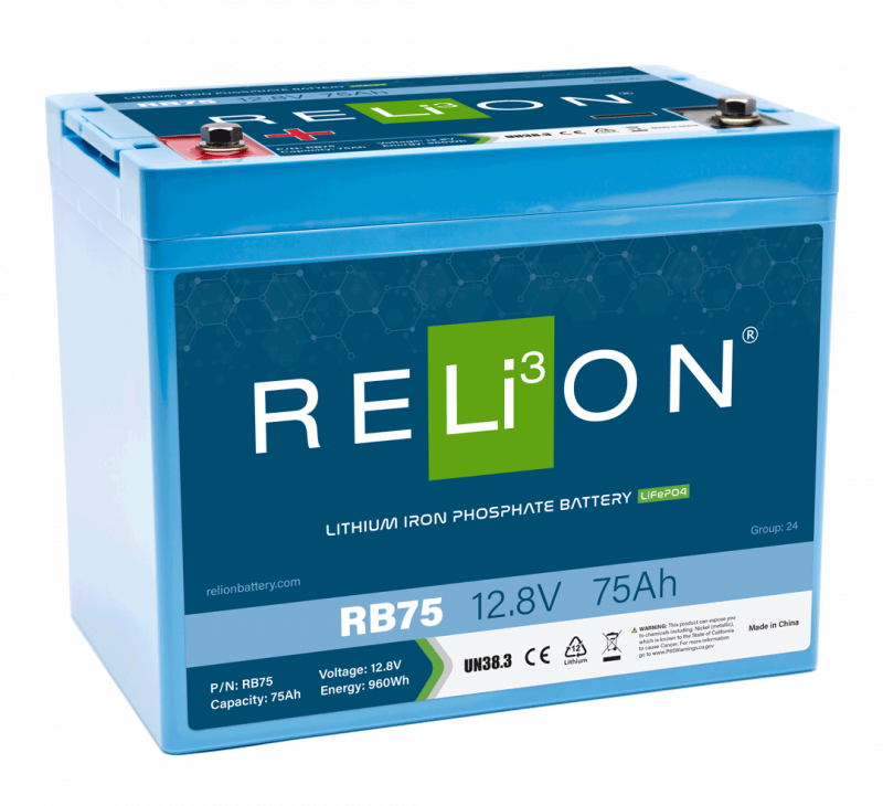 RELiON RB75 12V 75Ah LiFePO4 deep cycle lithium battery Group 24 for marine, solar, RV, and off-grid applications