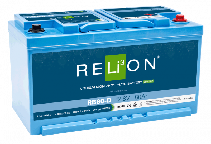 RELiON RB80-D 12V 80Ah LiFePO4 deep cycle lithium battery European DIN size for marine, solar, RV, and off-grid applications