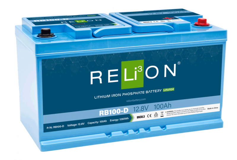 RELiON RB100-D 12V 100Ah LiFePO4 deep cycle lithium battery European DIN size for marine, solar, RV, and off-grid applications