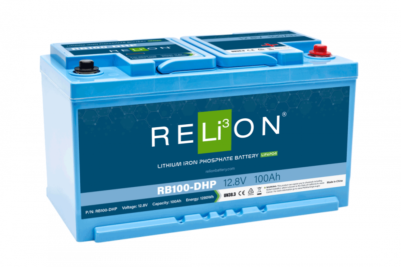 RELiON RB100-DHP 12V 100Ah LiFePO4 high-performance deep cycle lithium battery European DIN size for marine, solar, RV, and off-grid applications