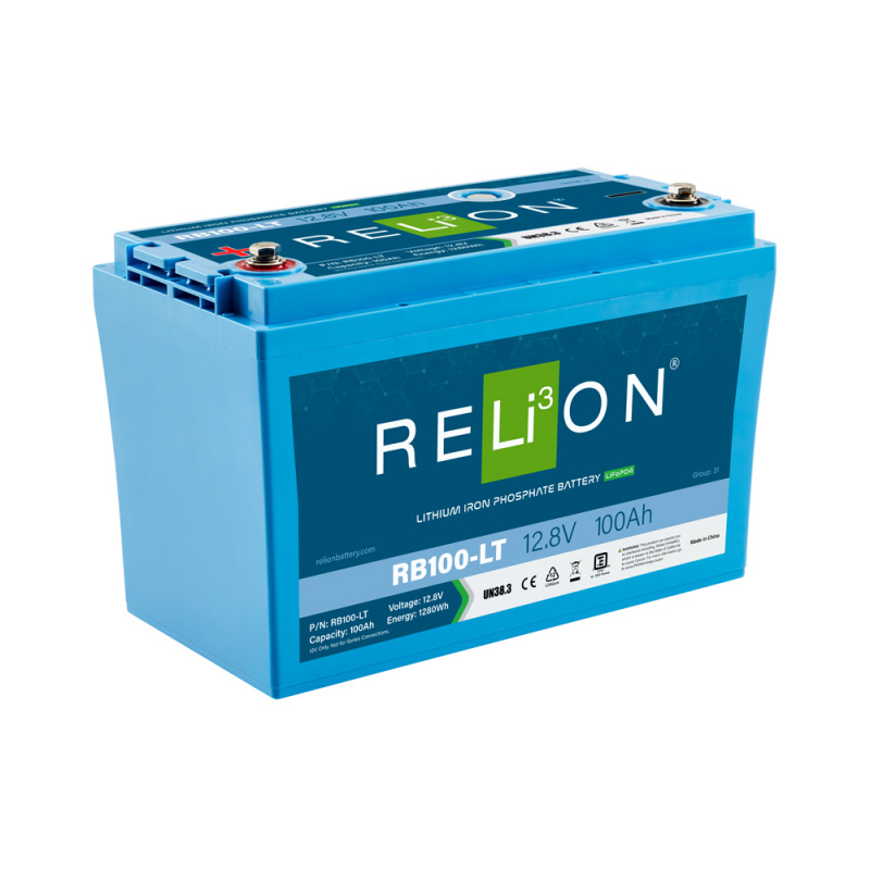 RELiON RB100-LT 12V 100Ah LiFePO4 cold weather deep cycle lithium battery Group 31 for marine, solar, RV, and off-grid applications