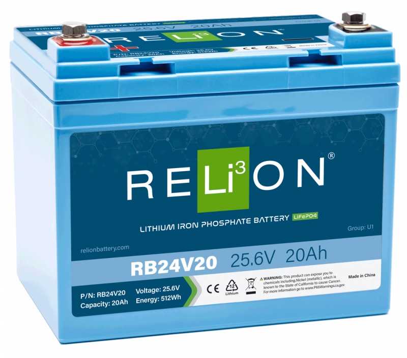 RELiON RB24V20 24V 20Ah LiFePO4 deep cycle lithium battery for solar, RV, marine, and off-grid applications