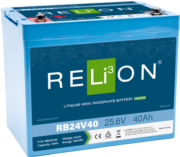 RELiON RB24V40 24V 40Ah LiFePO4 deep cycle lithium battery Group 24 for solar, RV, marine, and off-grid applications