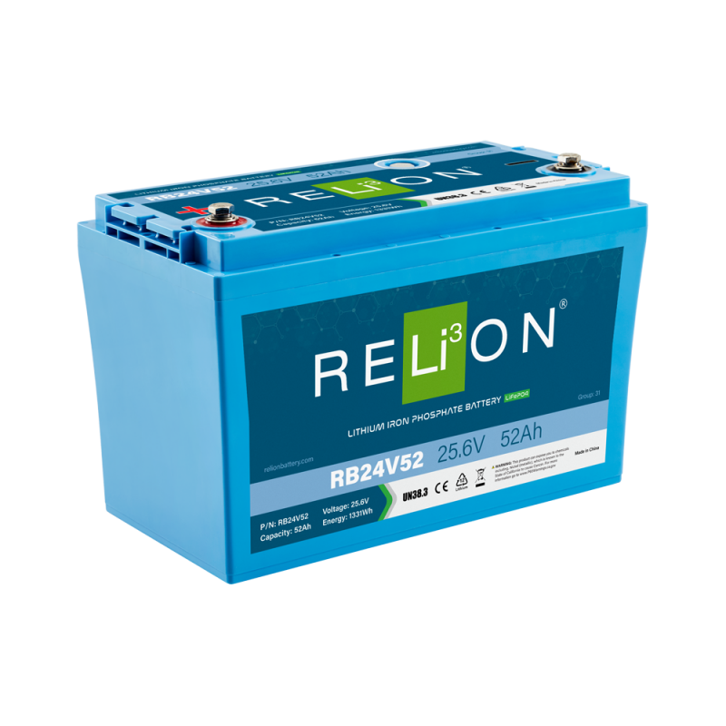 RELiON RB24V52 24V 52Ah LiFePO4 deep cycle lithium battery Group 31 for solar, RV, marine, and off-grid applications