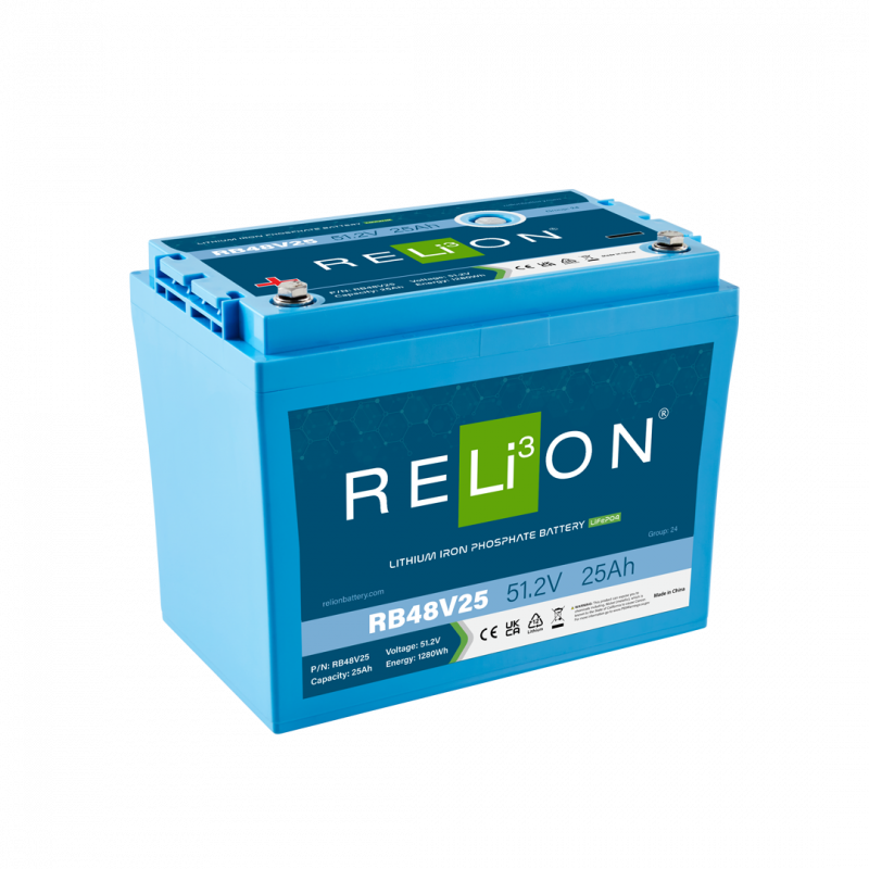 RELiON RB48V25 48V 25Ah LiFePO4 deep cycle lithium battery Group 24 for solar, RV, marine, and off-grid applications
