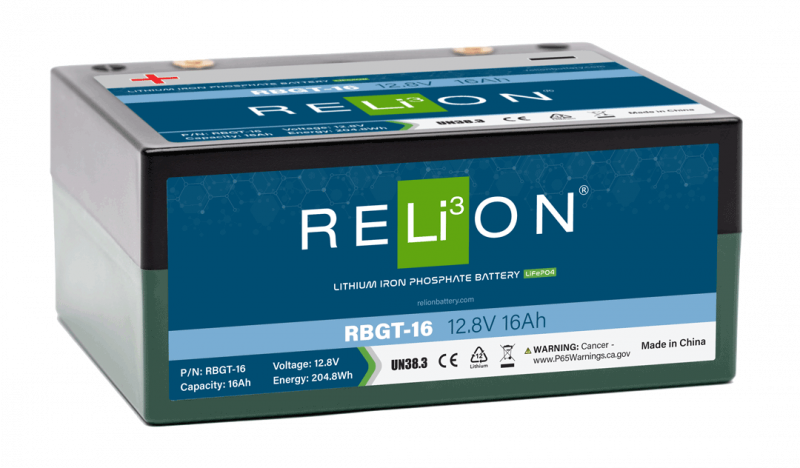 RELiON RBGT-16 12V 16Ah LiFePO4 deep cycle lithium battery for golf trolleys, solar, RV, and off-grid applications