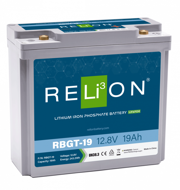 RELiON RBGT-19 12V 19Ah LiFePO4 deep cycle lithium battery for golf trolleys, solar, RV, and off-grid applications