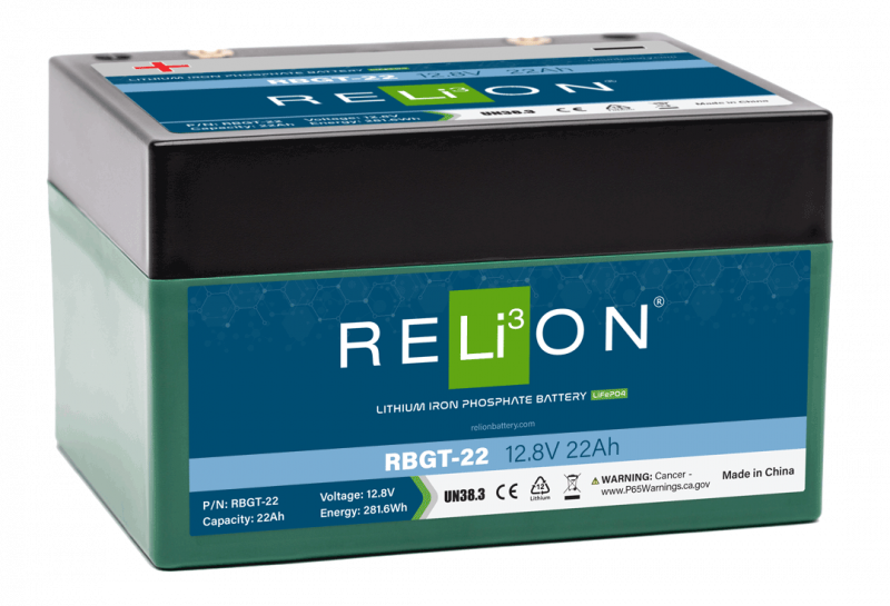 RELiON RBGT-22 12V 22Ah LiFePO4 deep cycle lithium battery for golf trolleys, solar, RV, and off-grid applications