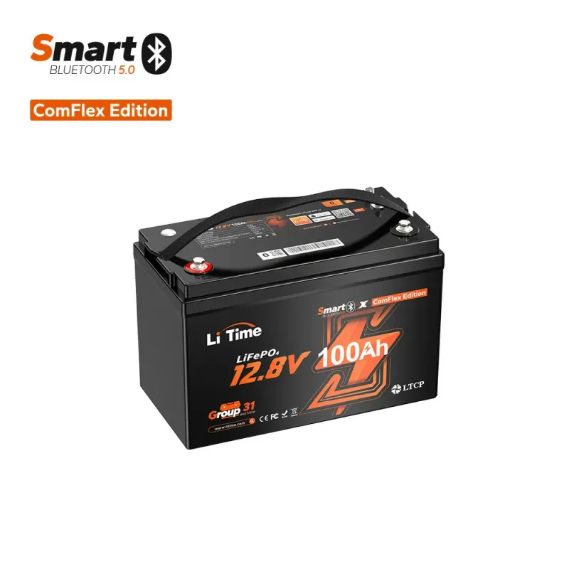 LiTime 12V 100Ah LiFePO4 Smart ComFlex Bluetooth lithium battery with Victron communication for marine, RV, solar, and off-grid applications