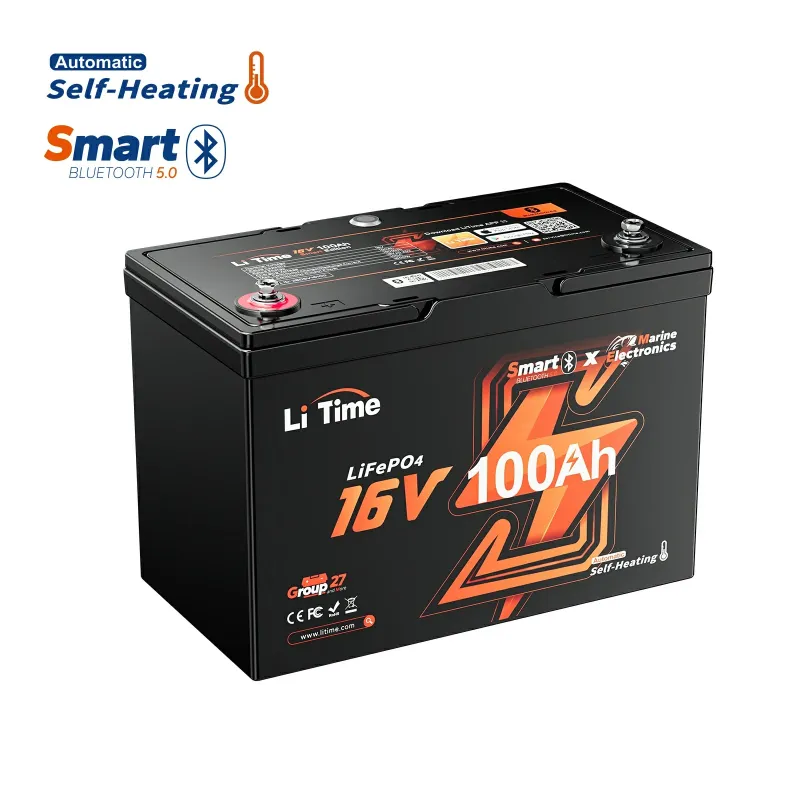 LiTime 16V 100Ah LiFePO4 Bluetooth self-heating deep cycle lithium battery for fish finders, kayaks, marine electronics, and off-grid applications