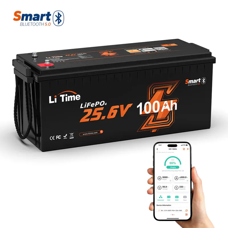 LiTime 24V 100Ah LiFePO4 Bluetooth deep cycle lithium battery with low-temp protection for RV, marine, solar, and off-grid applications