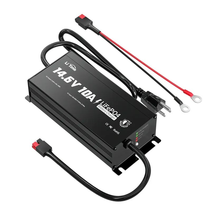 LiTime 12V (14.6V) 10A IP65 waterproof LiFePO4 smart lithium battery charger for RV, trolling motors, boats, camping, and off-grid applications