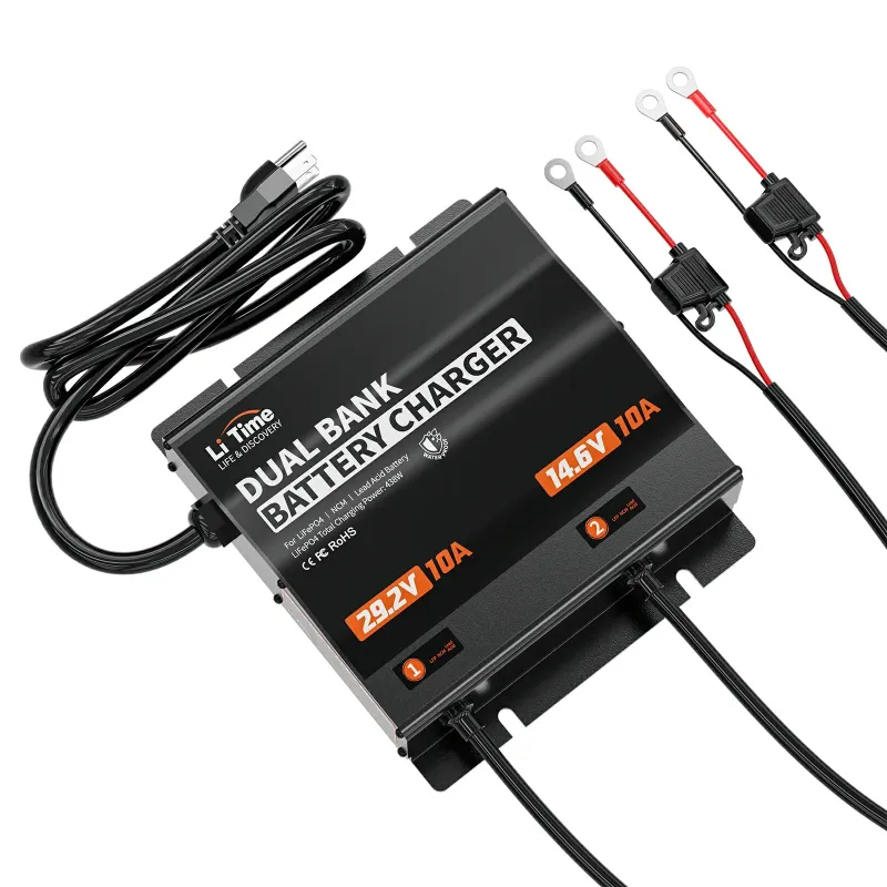 LiTime 10A 2 Bank (12V + 24V) IP65 waterproof LiFePO4 smart lithium battery charger for RV, trolling motors, boats, camping, and off-grid applications