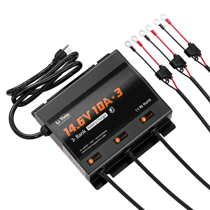 LiTime 3 Bank 12V 10A waterproof lithium battery charger with LED indicators for RV, marine, and off-grid applications