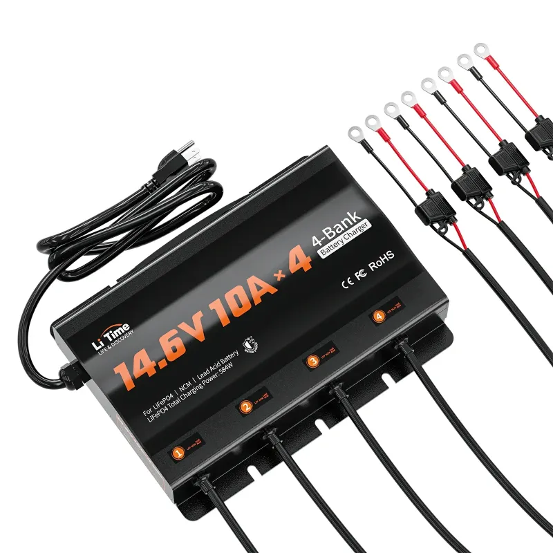 LiTime 4 Bank 12V 10A IP65 waterproof lithium battery charger with LED indicators for RV, marine, and off-grid applications