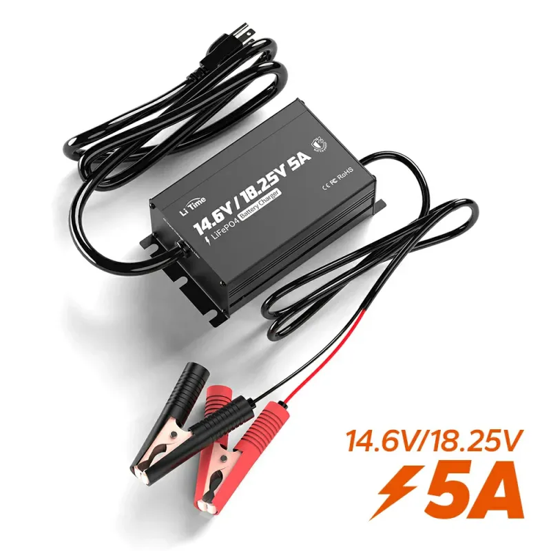 LiTime 12V(14.6V) & 16V(18.25V) 5A IP65 waterproof LiFePO4 smart lithium battery charger for RV, trolling motors, fish finders, boats, camping, and off-grid applications