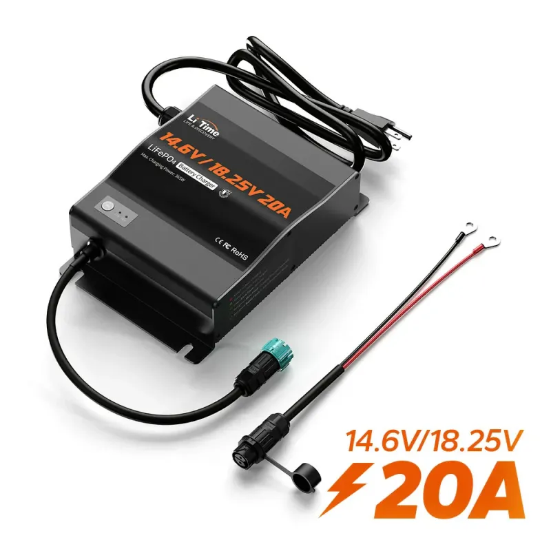LiTime 12V(14.6V) & 16V(18.25V) 20A IP65 waterproof LiFePO4 smart lithium battery charger for RV, trolling motors, fish finders, boats, camping, and off-grid applications