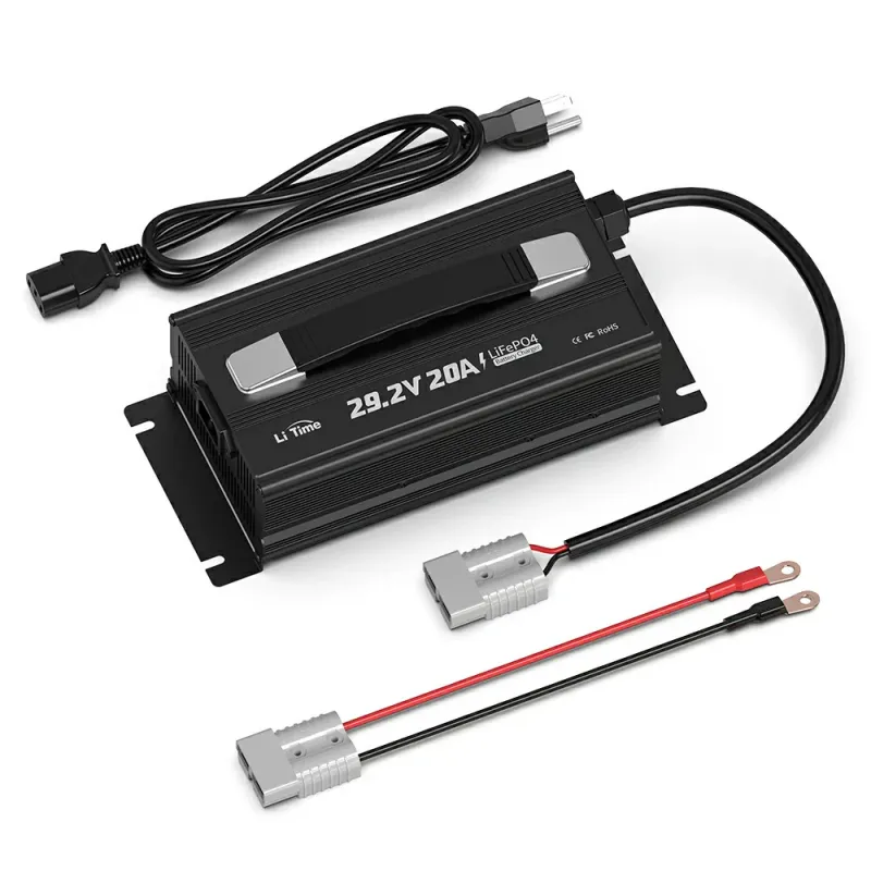 LiTime 24V (29.2V) 20A mountable LiFePO4 smart lithium battery charger with handle for RV, trolling motors, boats, camping, and off-grid applications