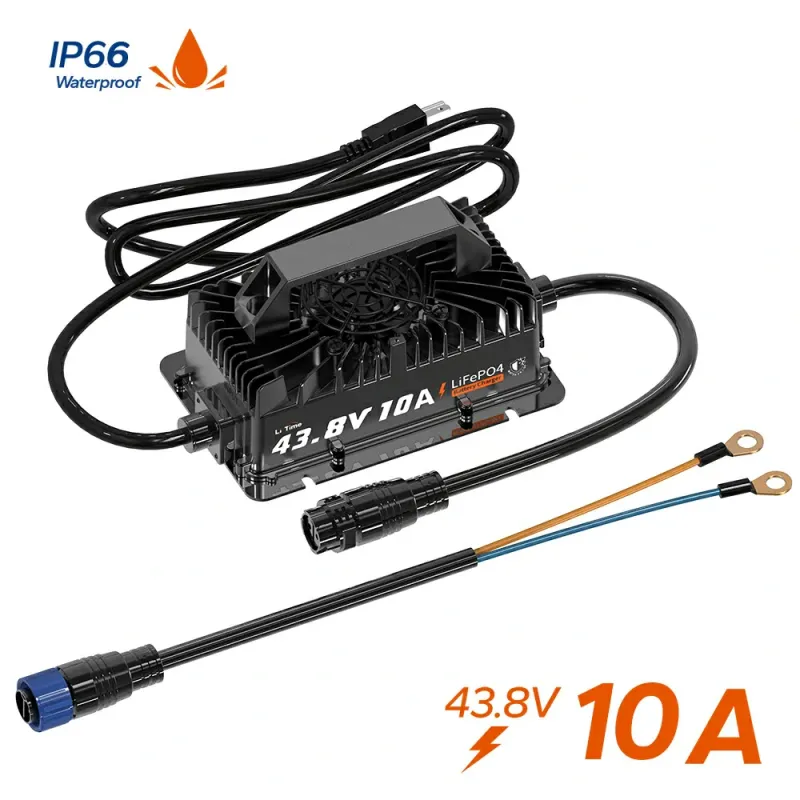 LiTime 36V (43.8V) 10A IP65 waterproof LiFePO4 smart lithium battery charger for golf carts, electric vehicles, RV, trolling motors, boats, camping, and off-grid applications