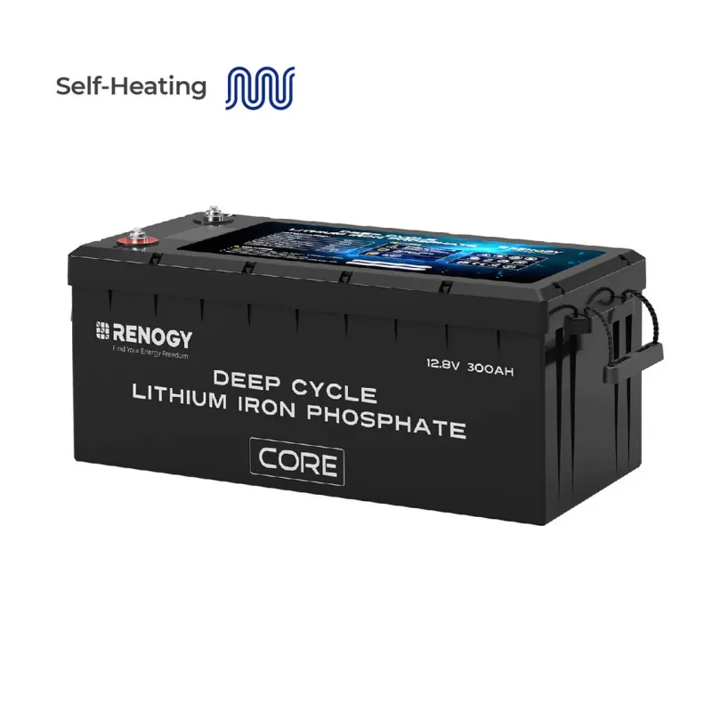 Renogy Core 12V 300Ah Self-Heating LiFePO4 deep cycle lithium battery with low-temp protection for marine, solar, RV, and off-grid applications