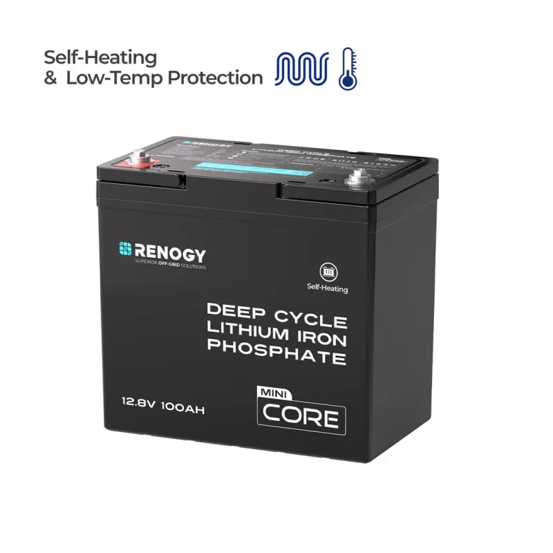 Renogy Core Mini DuoHeat Tech 12V 100Ah LiFePO4 deep cycle lithium battery with low-temp protection for marine, solar, RV, and off-grid applications