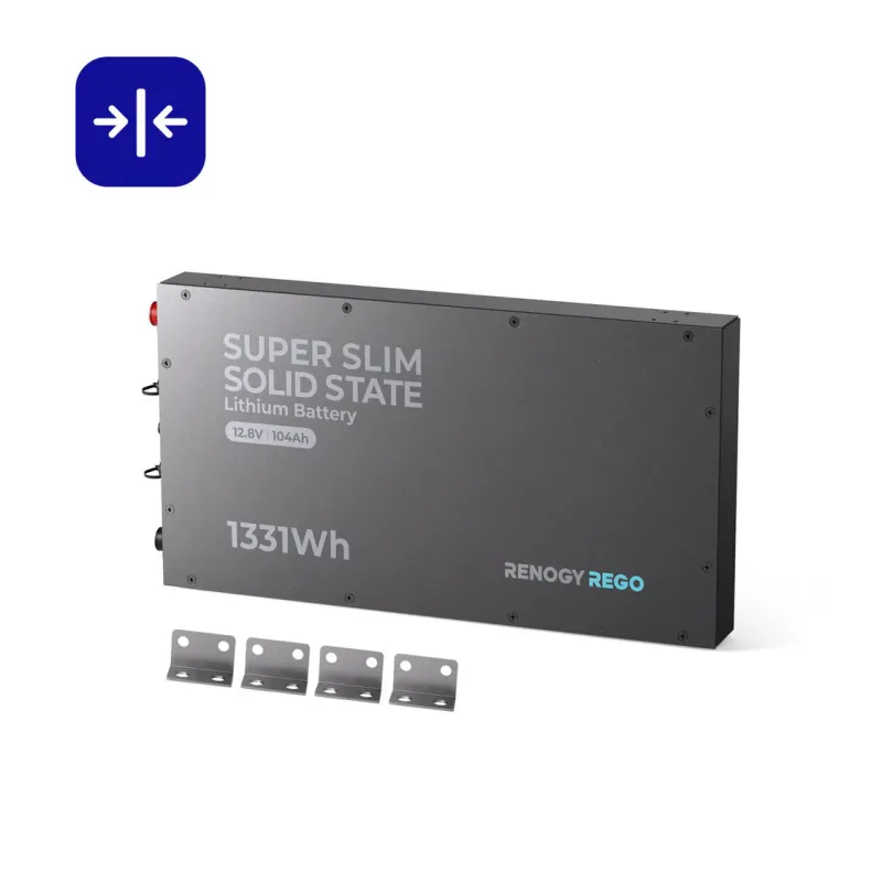 Renogy REGO 12V 104Ah Super Slim Solid State LiFePO4 deep cycle lithium battery for marine, solar, RV, trolling motors, and off-grid applications