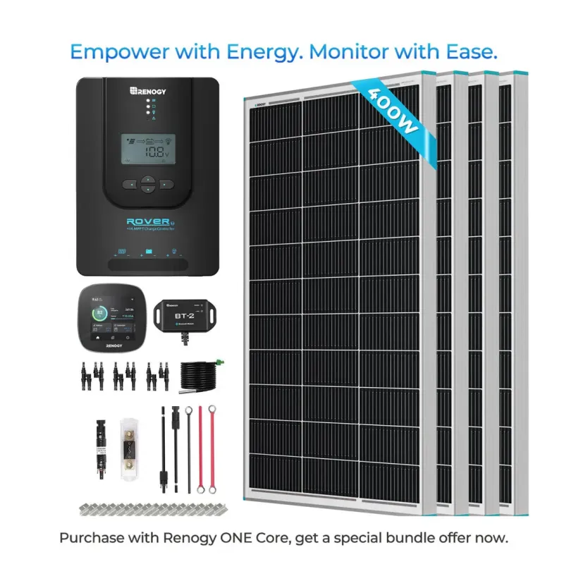 Renogy N-Type 400W 12V Premium RV Solar Kit with Rover 40A MPPT and Renogy ONE Core smart monitoring for off-grid RV, marine, and solar applications