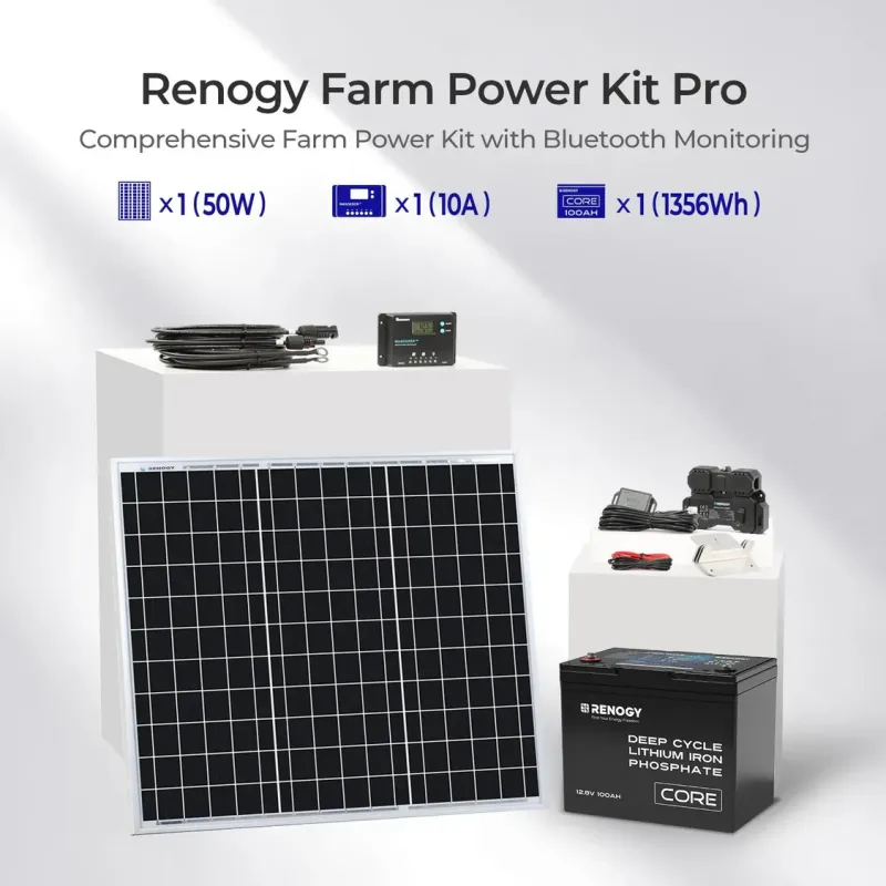 Renogy Farm Power Kit Pro solar panel and battery system for farm power needs with advanced monitoring