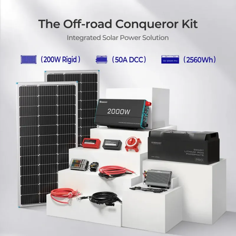 Renogy Off-road Conqueror Kit with fixed solar panels and 2.56kWh battery for off-road power needs