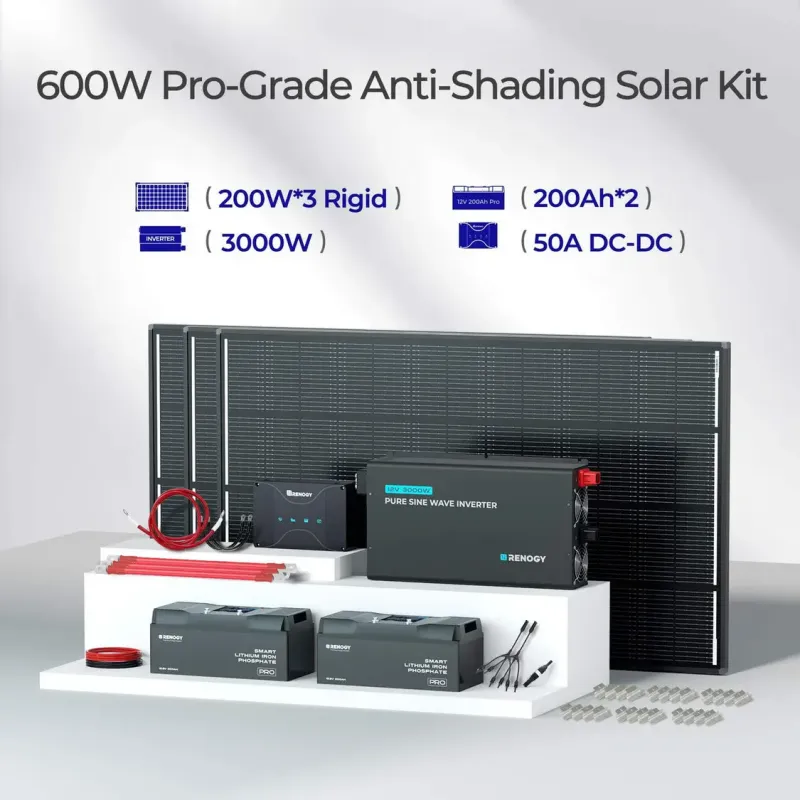 Premium ShadowFlux 600W 12V Anti-shading Solar Kit with anti-shading N-type panels and smart battery system