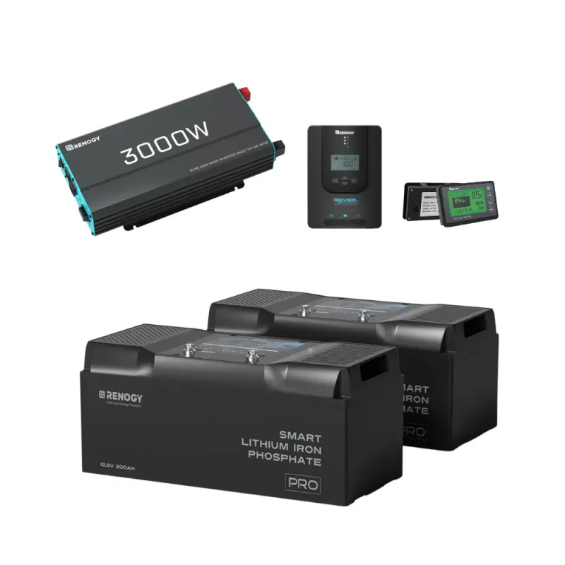 Renogy Off-Grid Core Solar Kit 5.12kWh no panels – 200Ah self-heating LiFePO4 battery with 2000W inverter, 60A MPPT controller, and Bluetooth monitor for RV marine off-grid applications