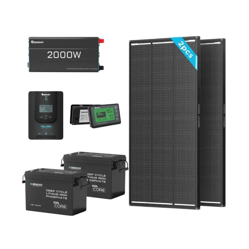 Renogy Off-Grid Core Solar Kit 7.68kWh with 800W ShadowFlux panel – 2x 300Ah low-temp LiFePO4 batteries with 2000W inverter, 60A MPPT controller, and monitor for RV marine off-grid applications