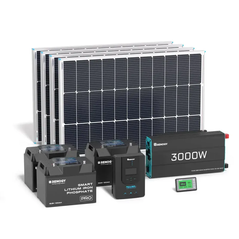 Renogy 400W 12V complete workshop shed solar kit with 3.6kWh Pro Series LiFePO4 batteries 3x 100Ah deep cycle lithium for off-grid RV marine applications