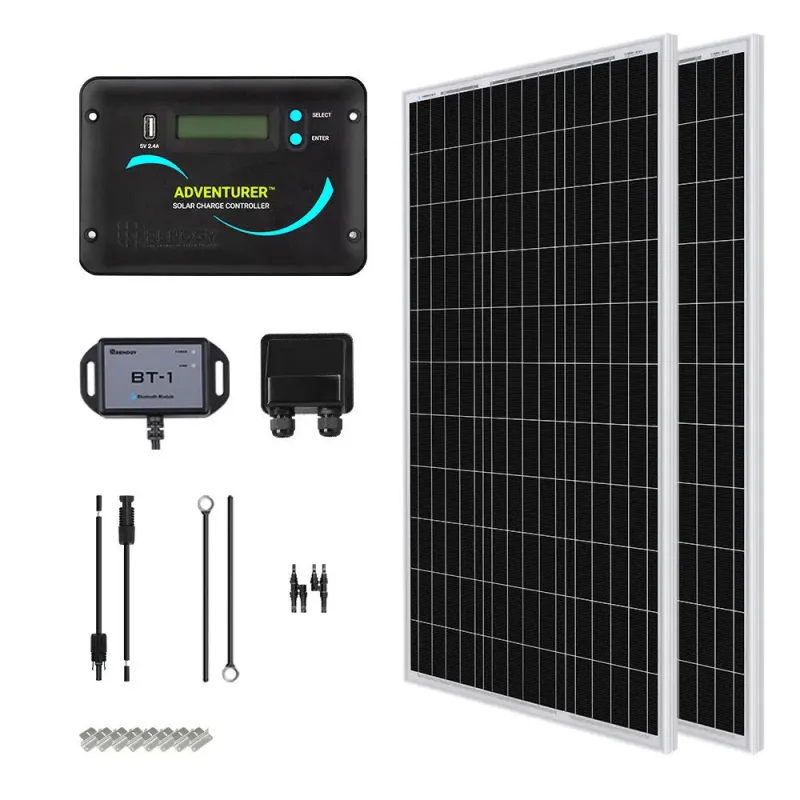 Renogy Essential 200W 12V N-Type monocrystalline RV solar kit with 30A PWM controller and plug and play cables for off-grid van trailer marine applications