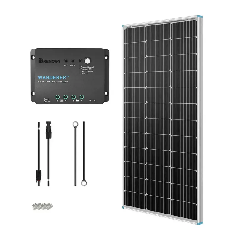 Renogy Starter 100W 12V N-Type monocrystalline solar kit with 30A PWM controller and plug and play accessories for off-grid RV van trailer marine applications
