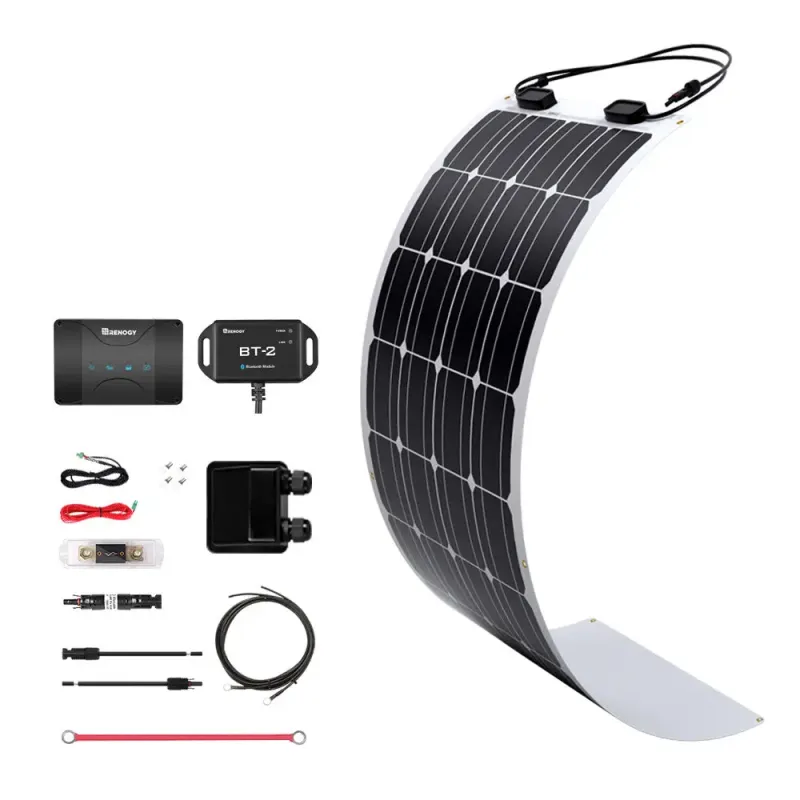 Renogy Starter 100W 12V rigid monocrystalline solar RV kit with 30A DC-DC MPPT charger and premium accessories for off-grid van boat marine applications