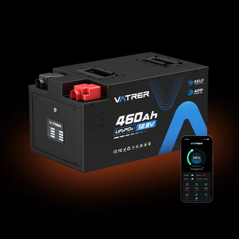 Vatrer 12V 460Ah LiFePO4 self-heating deep cycle lithium battery with 300A BMS and Bluetooth for RV solar marine off-grid applications