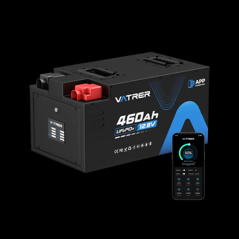 Vatrer 12V 460Ah LiFePO4 deep cycle lithium battery with 300A BMS and Bluetooth for full-time RV large solar marine off-grid applications