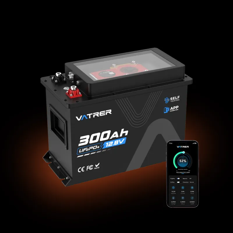 Vatrer 12V 300Ah LiFePO4 self-heating deep cycle lithium battery with 300A BMS cooling fan and Bluetooth for RV solar marine off-grid high-load applications