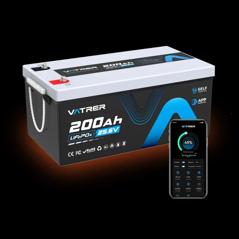 Vatrer 24V 200Ah LiFePO4 self-heating deep cycle lithium battery with 200A BMS and Bluetooth for trolling motor marine RV off-grid applications