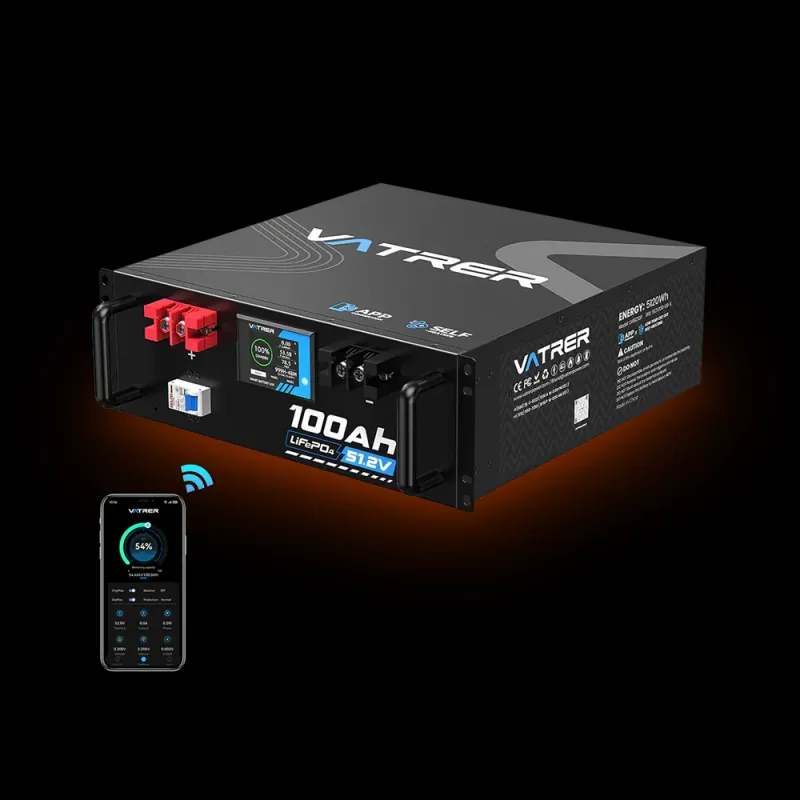 Vatrer 48V 100Ah heated server rack LiFePO4 lithium battery with Bluetooth and -22°F charging for cold-climate solar home backup off-grid applications