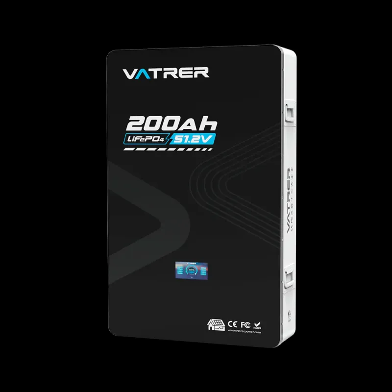 Vatrer 48V 200Ah wall-mounted LiFePO4 lithium battery with 200A BMS RS485 CAN for home solar whole-home backup off-grid energy storage applications